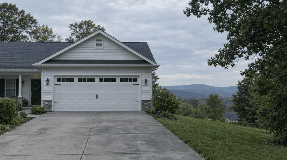 White paneled garage door on a home near the Cumberland Plateau